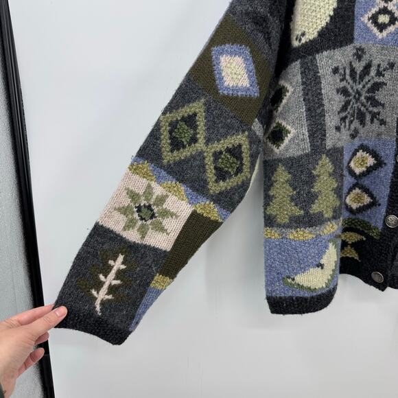 VTG Marconi Nordic Cardigan Sweater L Hand Knit Winter Holiday Patchwork Chunky - Picture 4 of 6